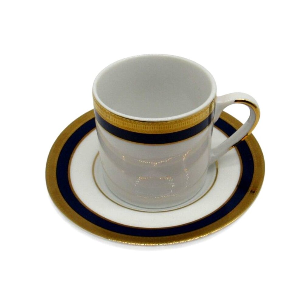 LA VAISSELLERIE Fine PORCELAIN Espresso Cup Saucer Gold Blue Navy Vaiselle Vinta